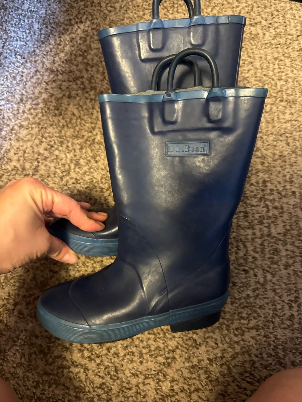 L.L. Bean Deep Navy Blue Rubber Rain Boots with Light Blue Trim